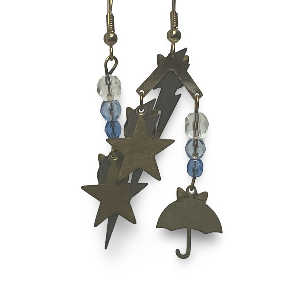 Vintage Isle of Magic Gold Cat and Star Blue Bead Dangle Earrings - Picture 3 of 4